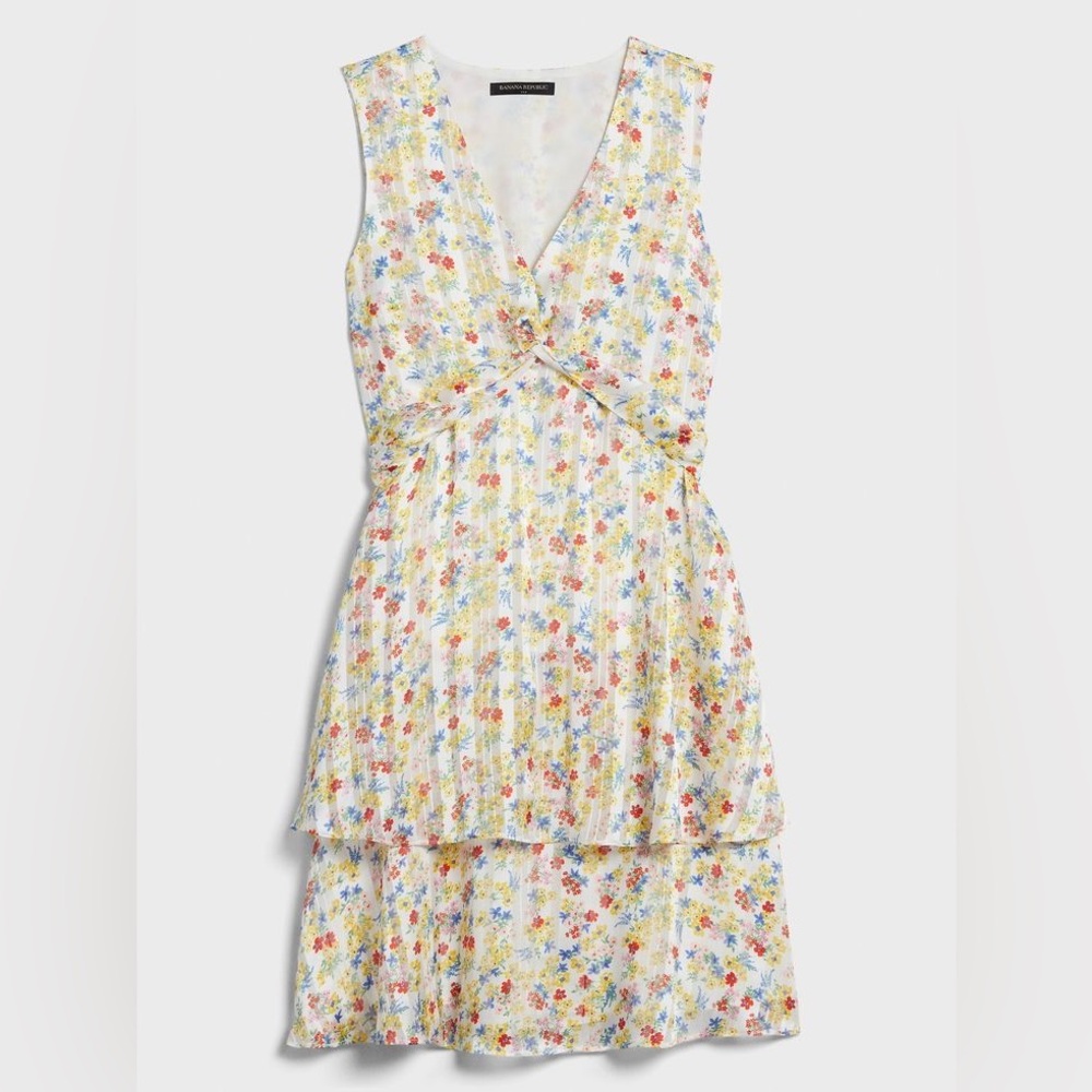 Banana Republic Ruffle Fit-and-Flare Dress in Off White Floral Print